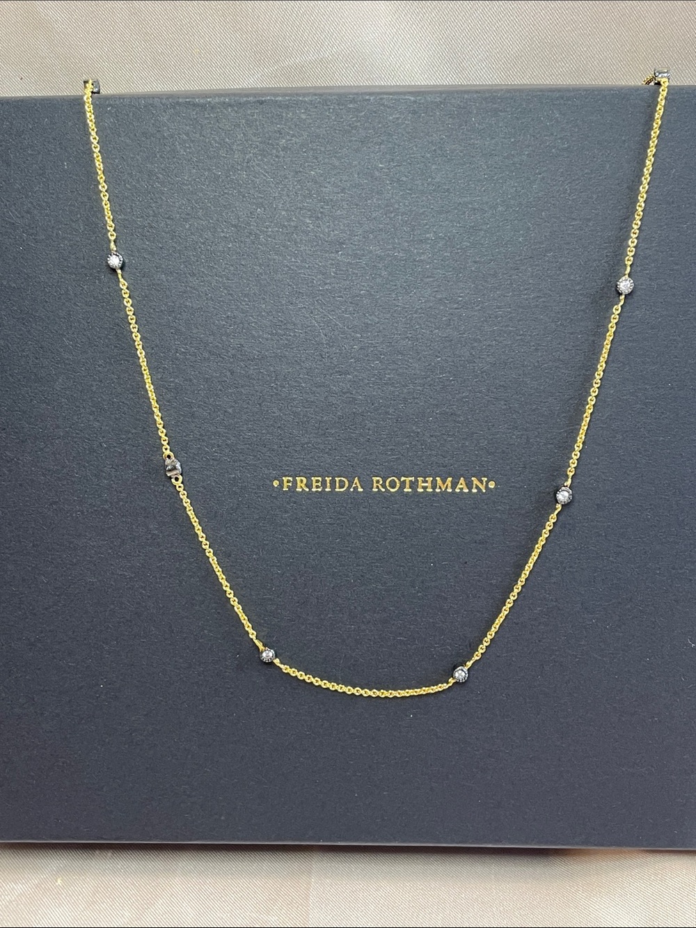 FREIDA ROTHMAN 24" Bezel Set Station Necklace in Gold & Black NWT $295 MSRP